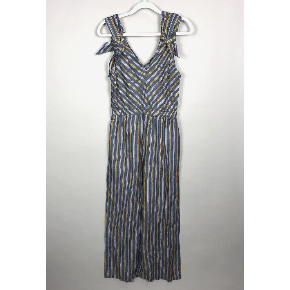 Current Air Los Angeles Linen Blend Wide Leg Striped Jumpsuit M Blue Pockets NEW